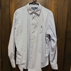 Ralph Lauren Men's White Blue Striped classic fit button up long sleeve collared